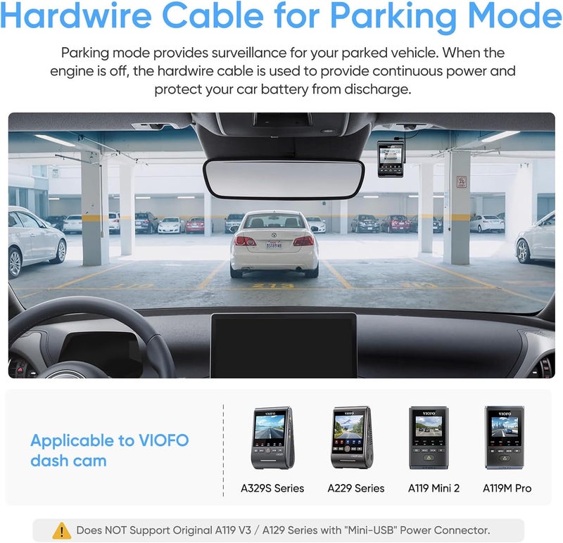 Viofo كابل HK4 Acc Hardwire، كابل USB-C Hard Wire لسلسلة A329 / سلسلة A229 / A119Mini2 / A139Pro / WM1 / T130 Dash Cam، حماية من الجهد المنخفض لوضع الانتظار (لا يشمل Fuse Tap) - Image 2